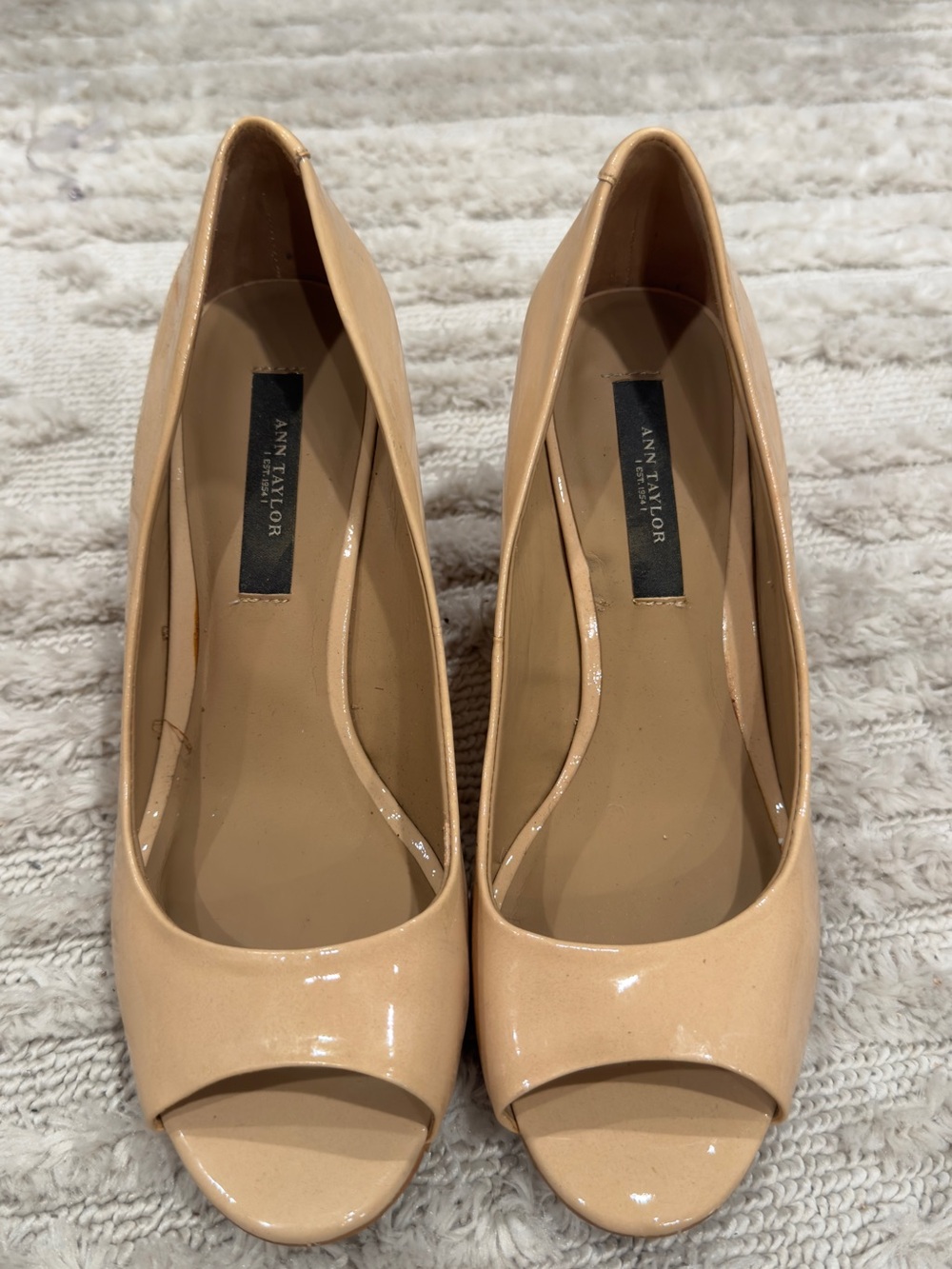 Ann Taylor Beige Patent Peep-Toe Heels